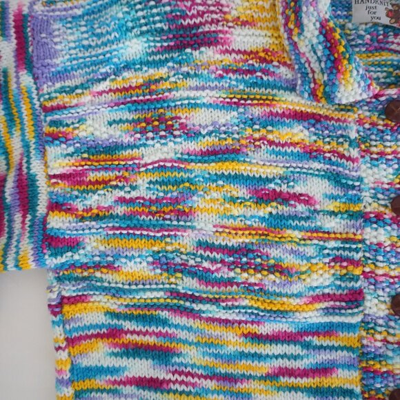 Handknit Multicolor Painterly Stripe Button Front Chunky FolkArt Knit Cardigan M - Picture 9 of 10